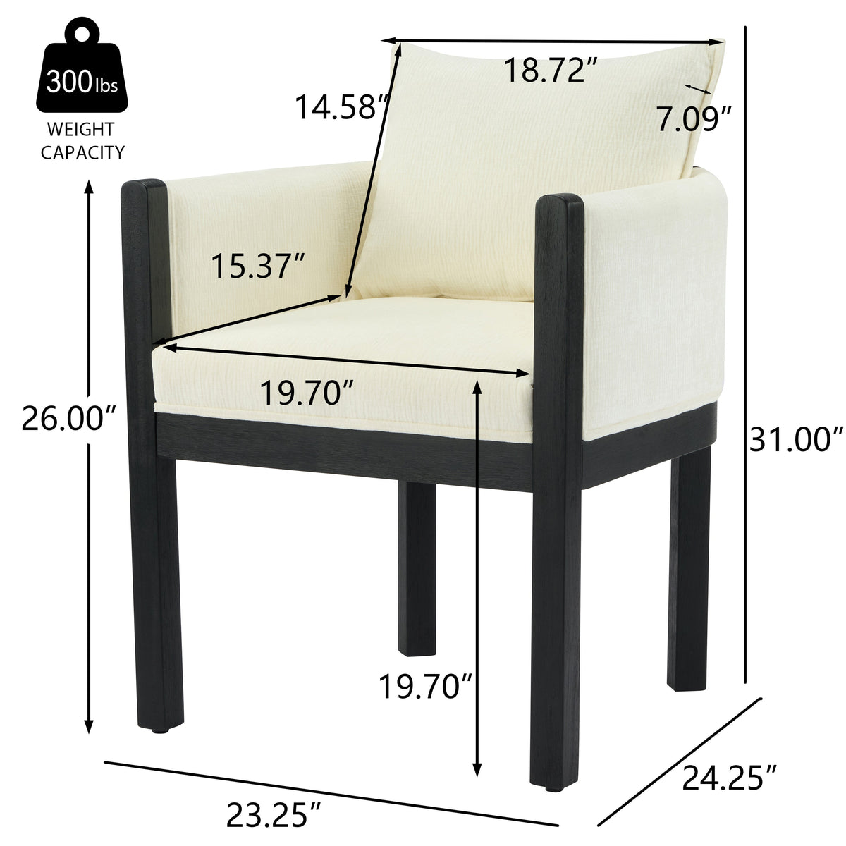 Linen Upholstered Armchair with Black Rubber Wood Legs - White