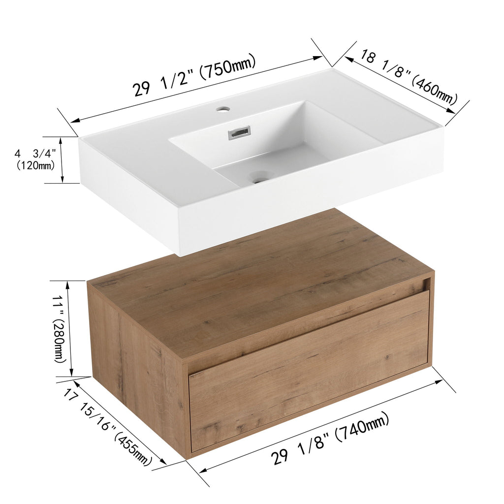Wall Mounted Bathroom Vanity with Resin Sink and Soft Close Drawer - Imitative Oak