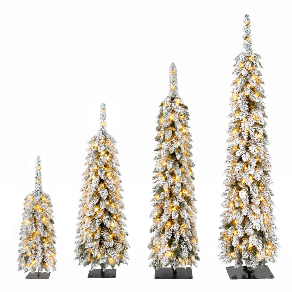 Pre-Flocked Pencil Christmas Trees 4 Pack with Easy Setup - White Flocked