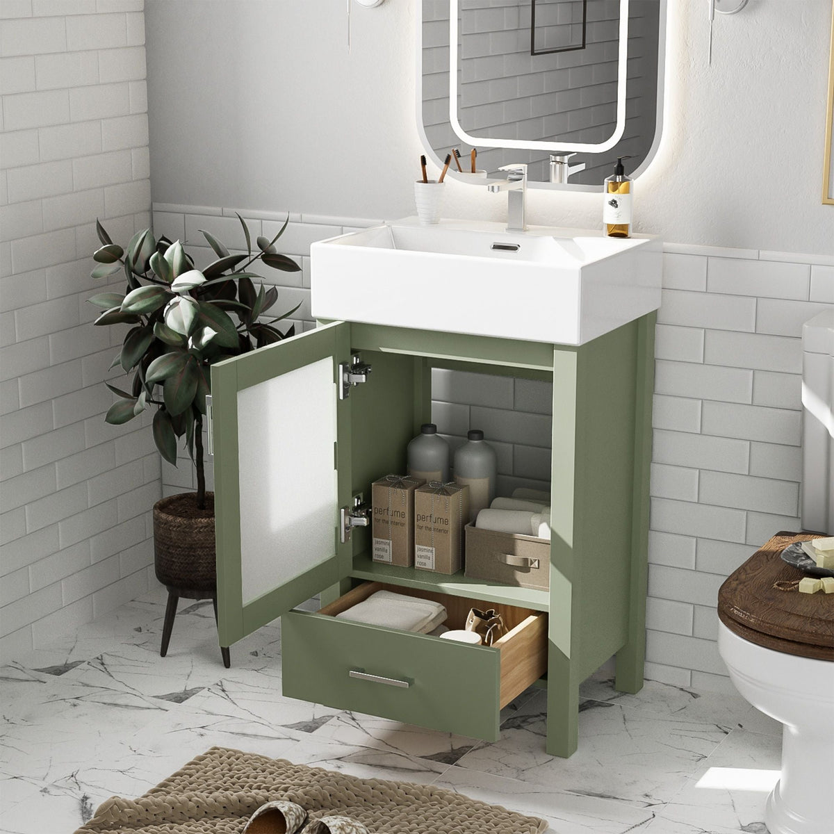 Bathroom Vanity with Ceramic Sink and Ample Storage - Blue, Green, or Black