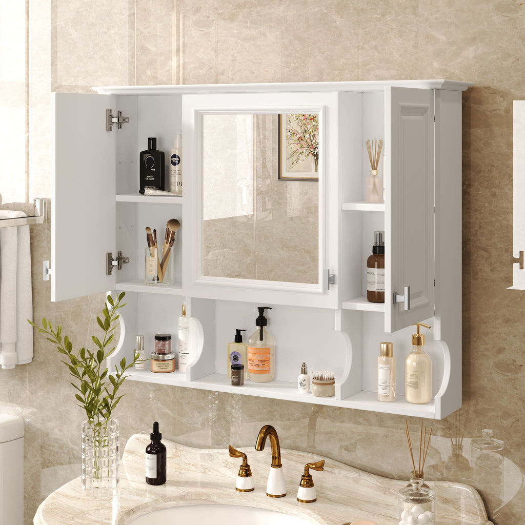 Wall Mounted Bathroom Medicine Cabinet With Mirror & Open Shelves