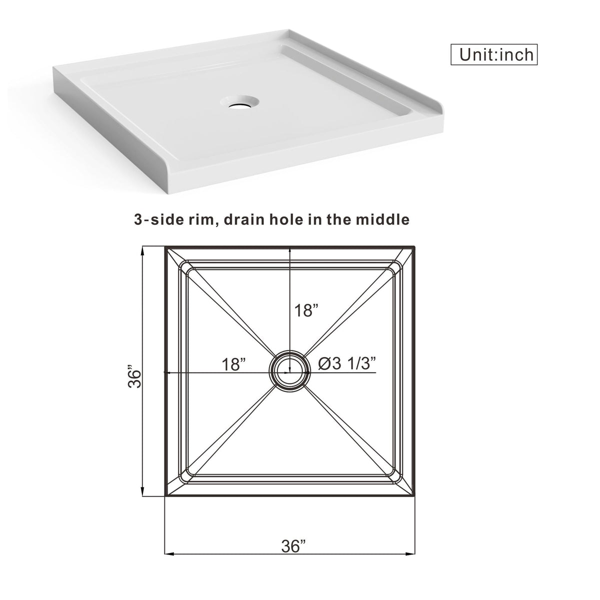 Centered Drain Shower Pan with 3-Side Tile Flanges - White