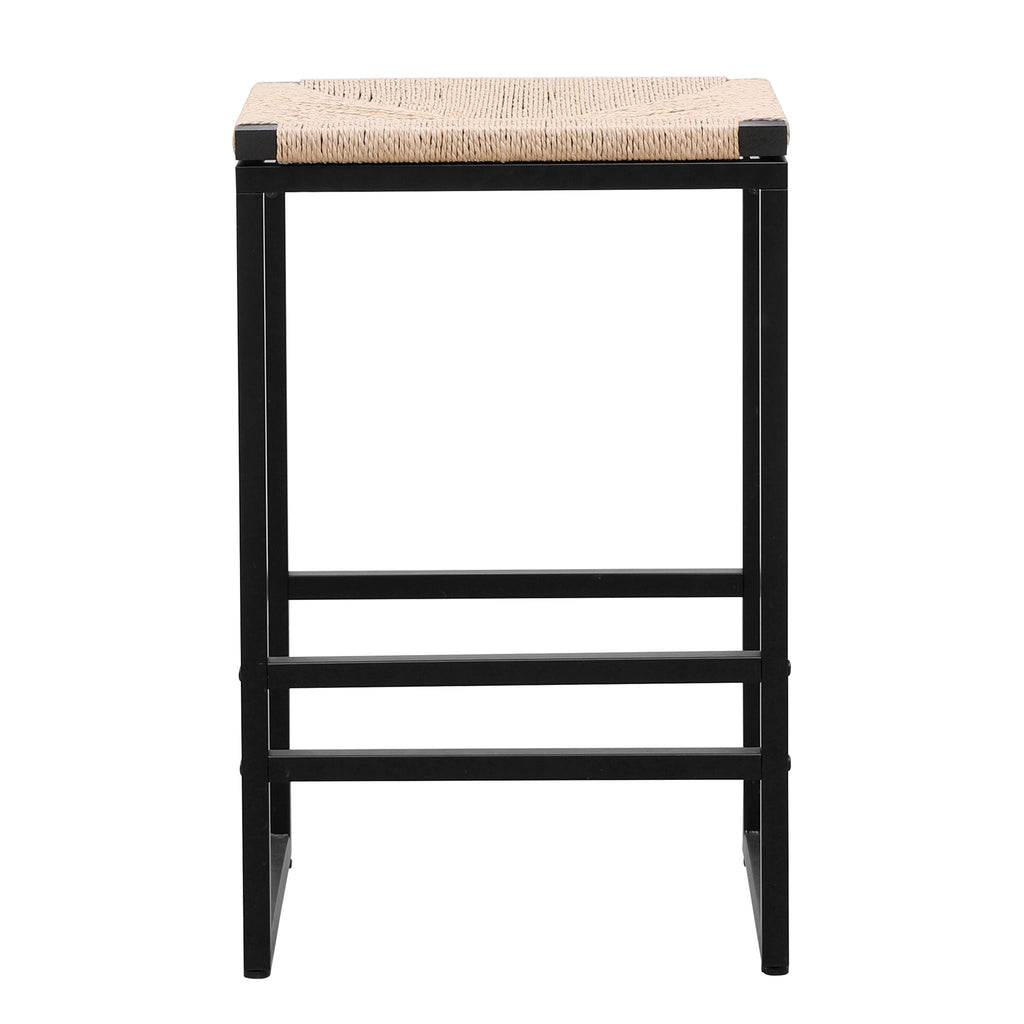 Boho Style Backless Bar Stools with Paper Rope Seat - Light Brown (Set of 2)