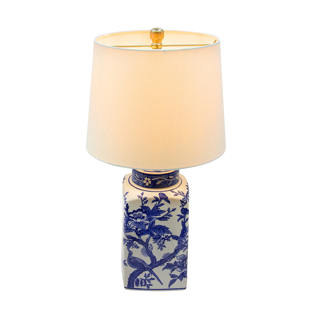 Blue and White Ceramic Vase Table Lamp with Linen Shade - White + Blue