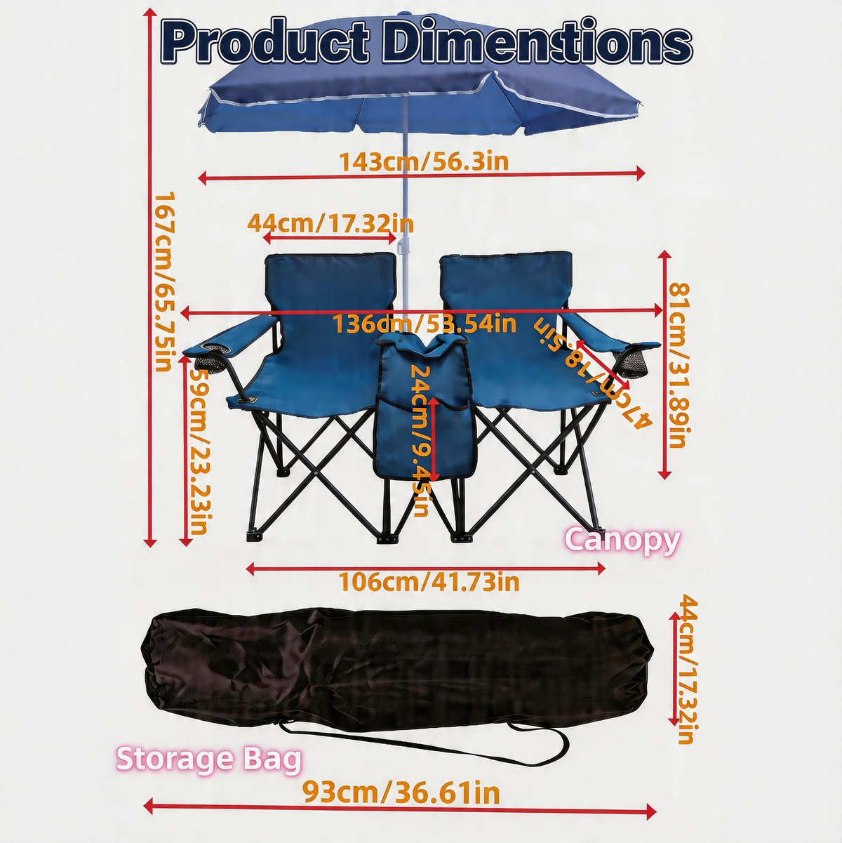 Portable Double Folding Beach Chair Set with Umbrella - Oxford Fabric