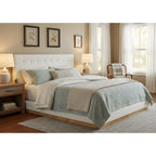 Solid Rubber Wood Platform Bed with Upholstered Headboard - White