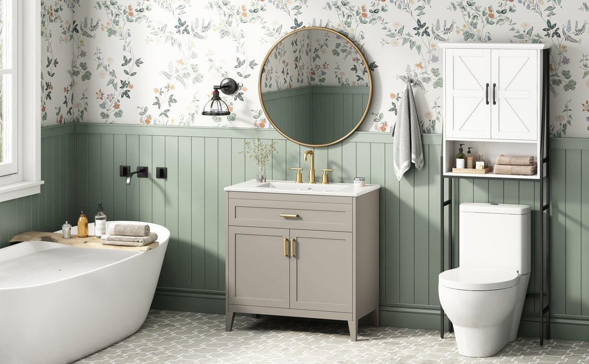 30" Bathroom Vanity with Ceramic Sink Top and Solid Wood Legs - Beige or Wood