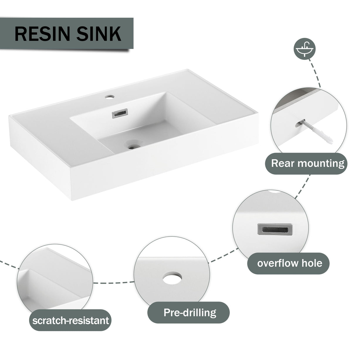 Modern Wall Mounted Bathroom Vanity with Resin Sink and Side Cabinet - Brown Ebony