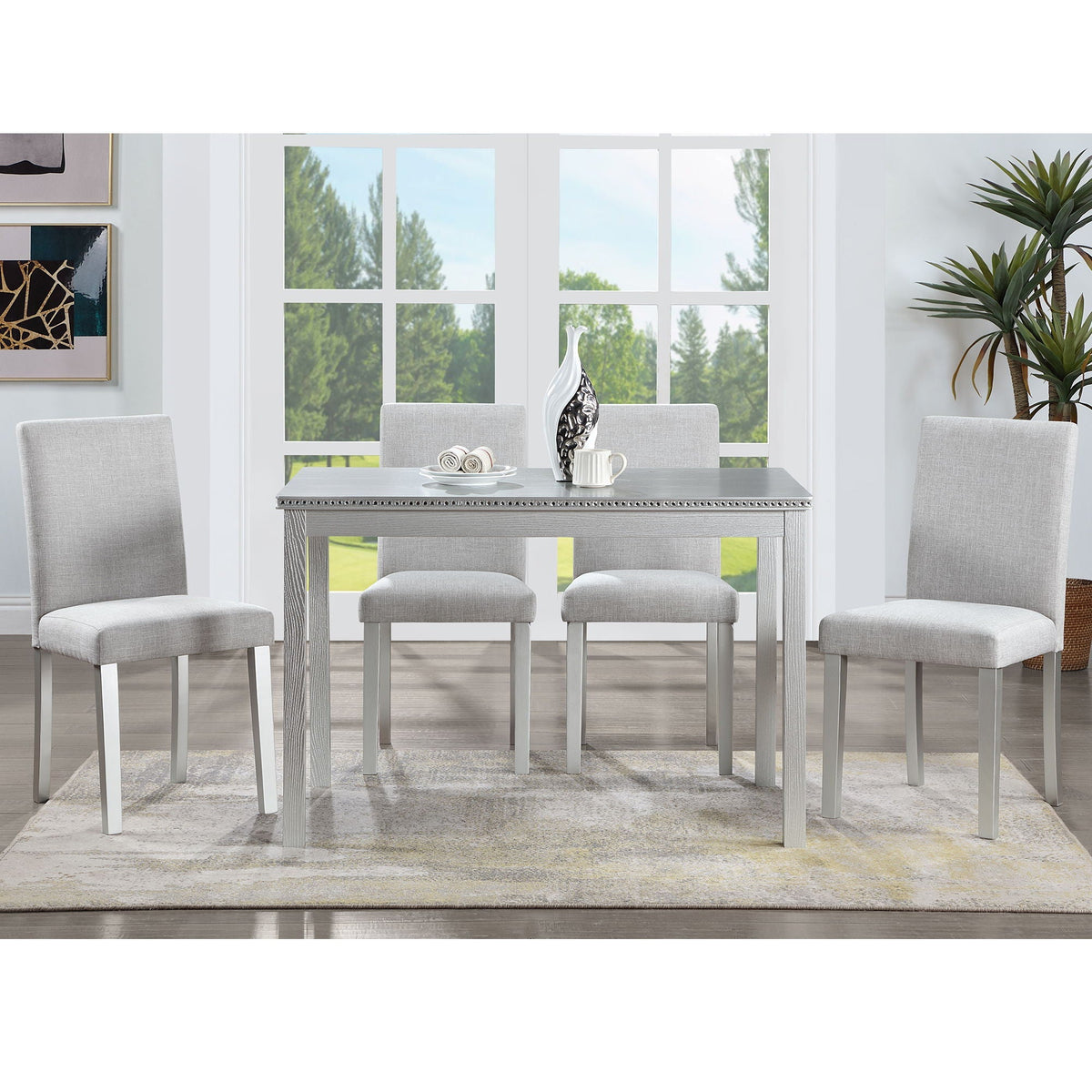 Dining Table Set with Crystal Decoration and Upholstered Chairs - Gray or White