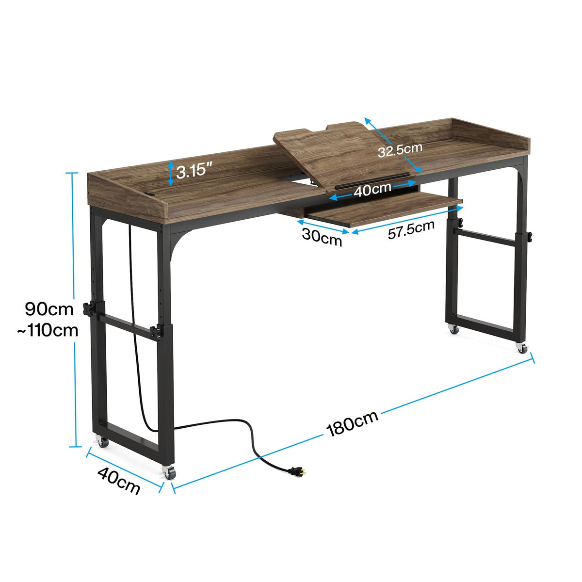 Adjustable Overbed Table with Wheels, Queen Size Mobile Desk - Dark Gray