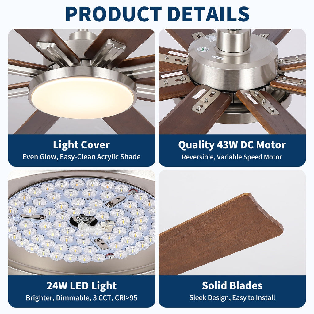 Large Ceiling Fan with Dimmable LED Light and Remote Control - Black or Dark Brown