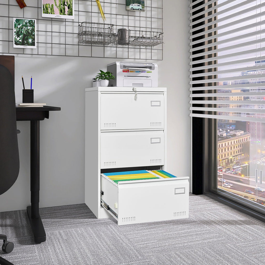 Locking Metal Filing Cabinet 3 Drawer - Multiple Sizes, Black or White