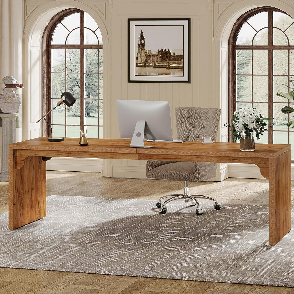 Extra Long 2 Person Computer Desk with Heavy-Duty Frame - Light Brown