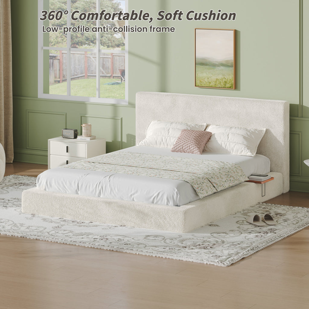 AirFrame Queen Bed Frame with Adjustable Sliding Side Table - Off-White Sherpa