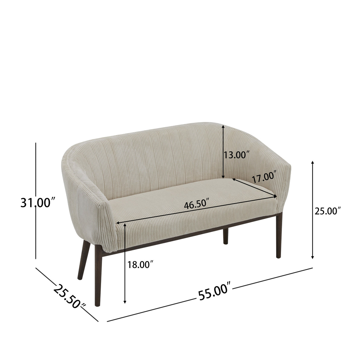 Corduroy Recessed Arm Loveseat with Channel Tufting - Beige & Walnut