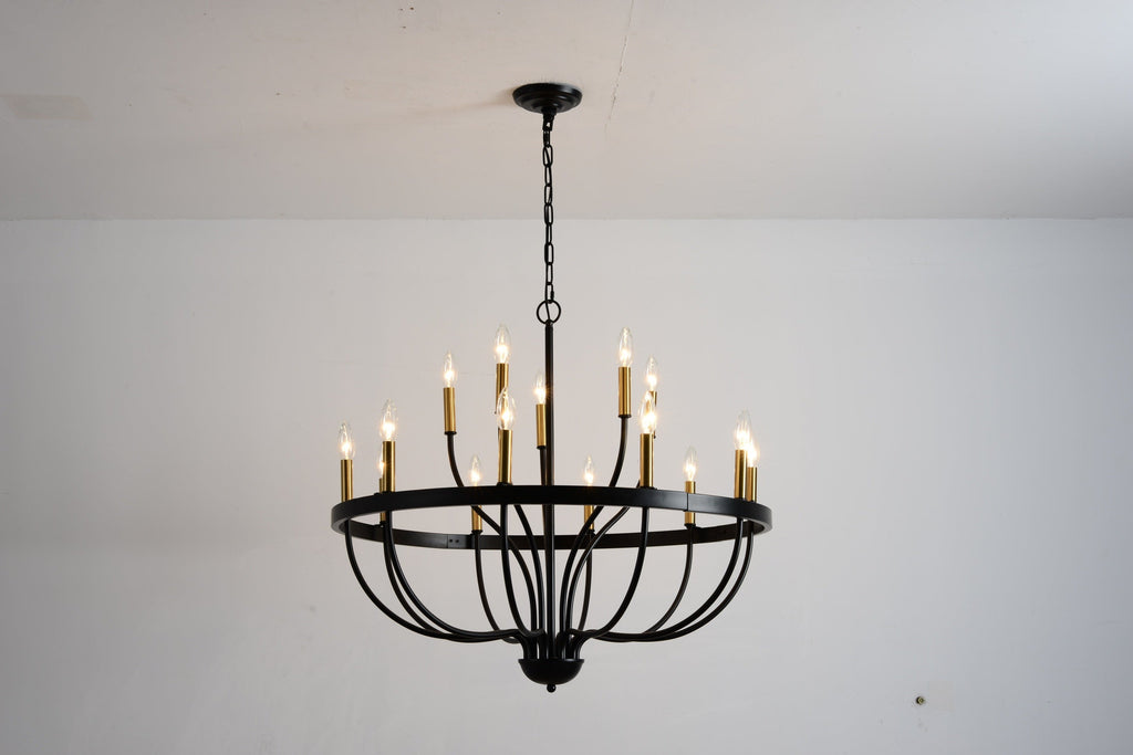 18-Light Industrial Iron Candle Chandelier with Adjustable Height - Gold & Black