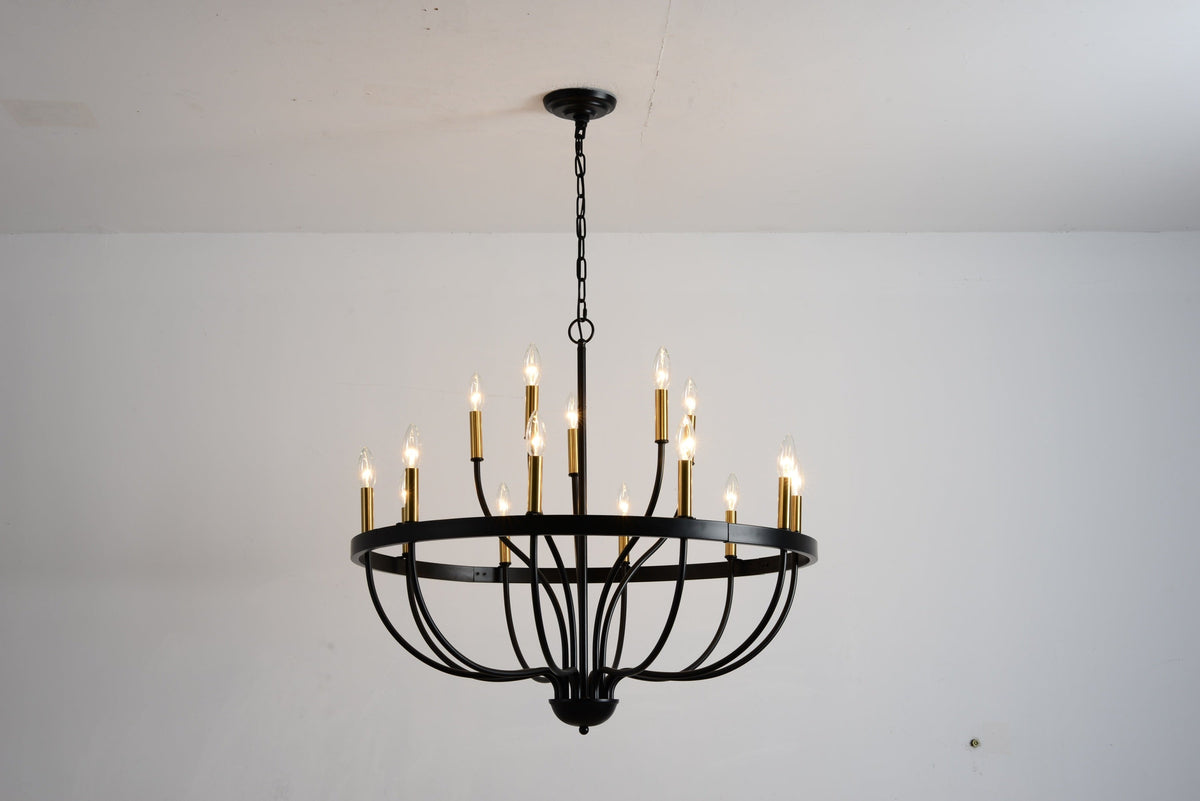 18-Light Industrial Iron Candle Chandelier with Adjustable Height - Gold & Black