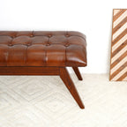 Cognac Genuine Leather Upholstered Bench with Solid Wood Frame - Dark Brown