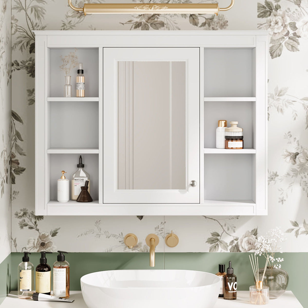 Wall Mounted Medicine Cabinet with Mirror and 6 Open Shelves - Multiple Colors
