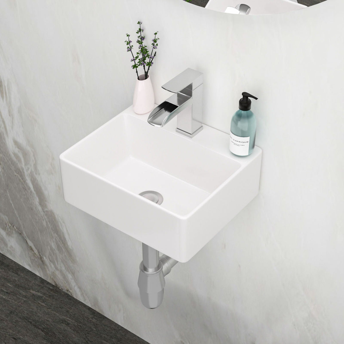 Ceramic Rectangle Wall Mount Bathroom Sink with Single Faucet Hole - White
