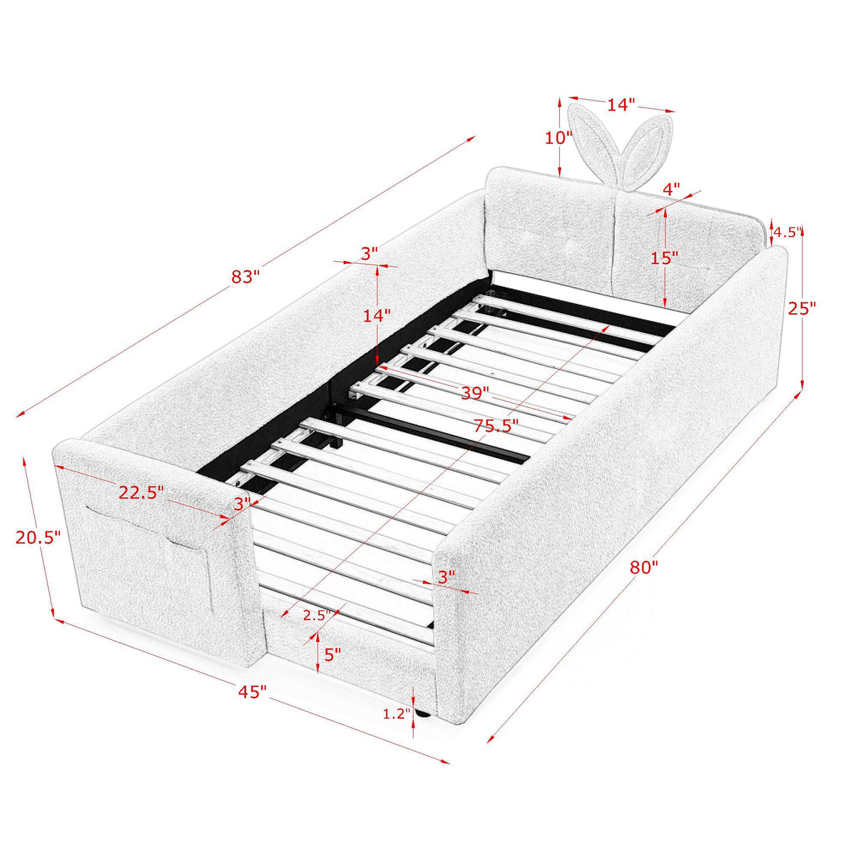 Cute Rabbit Ear Upholstered Platform Bed Frame with Safety Rail - Multiple Colors