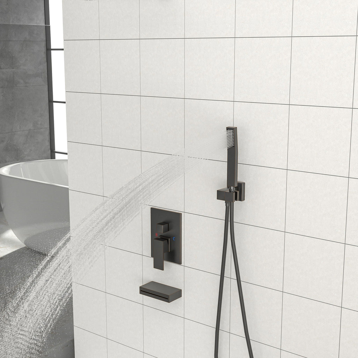 Square Shower System with Waterfall Tub Spout and Valve - Black