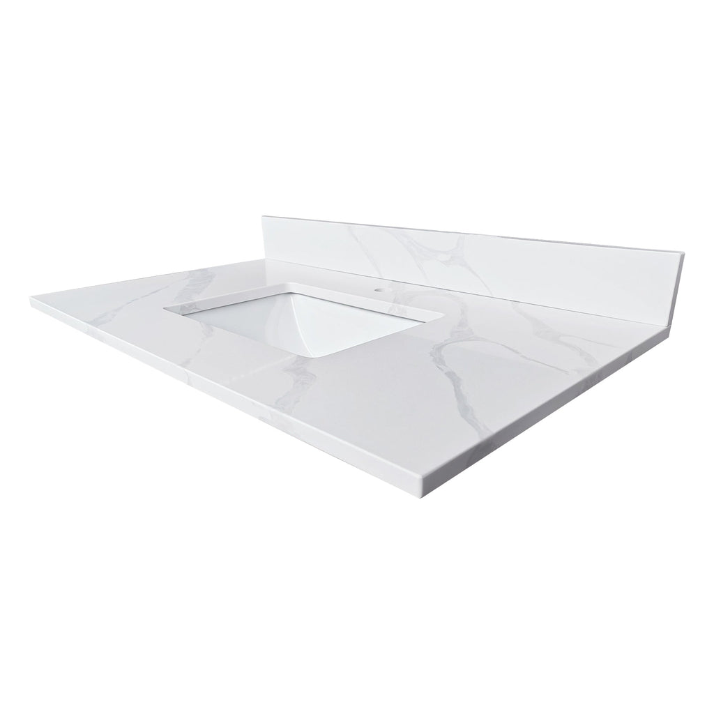 37-Inch Quartz Bathroom Vanity Top with Undermount Single Bowl - White