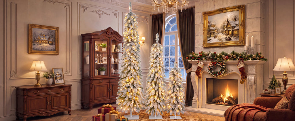 Snow Flocked Pre-Lit Pencil Christmas Tree with Warm LED Lights - White