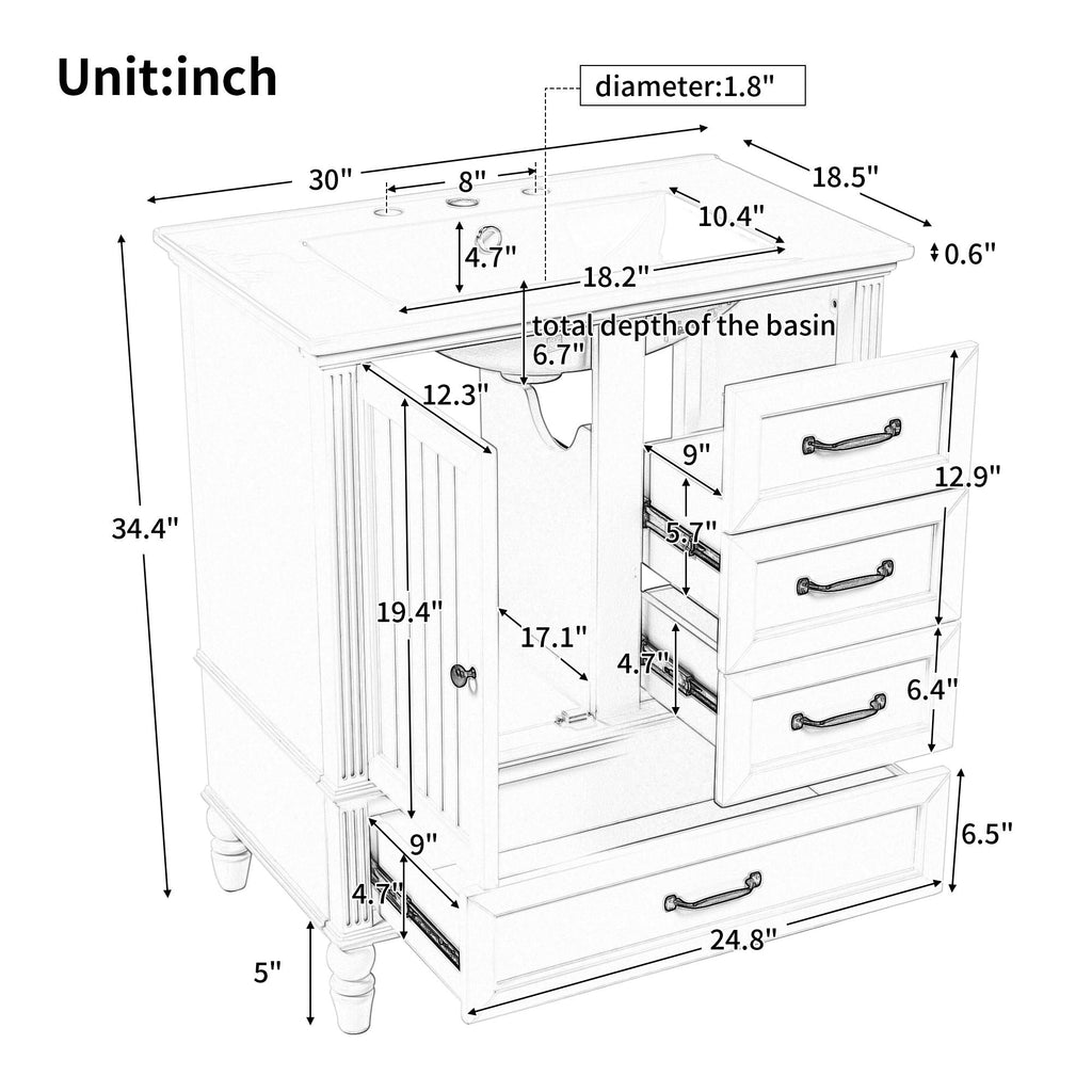 30" Bathroom Vanity with Sink and Soft-Close Drawers - White or Black
