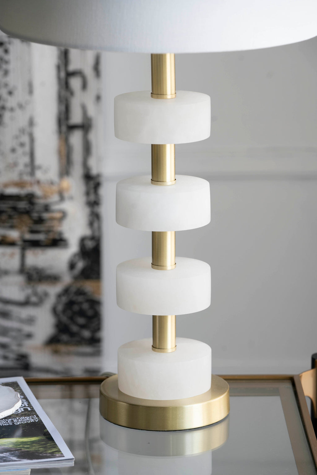 Marble Table Lamp with Brass Frame and White Fabric Shade - White + Gold
