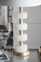 Marble Table Lamp with Brass Frame and White Fabric Shade - White + Gold