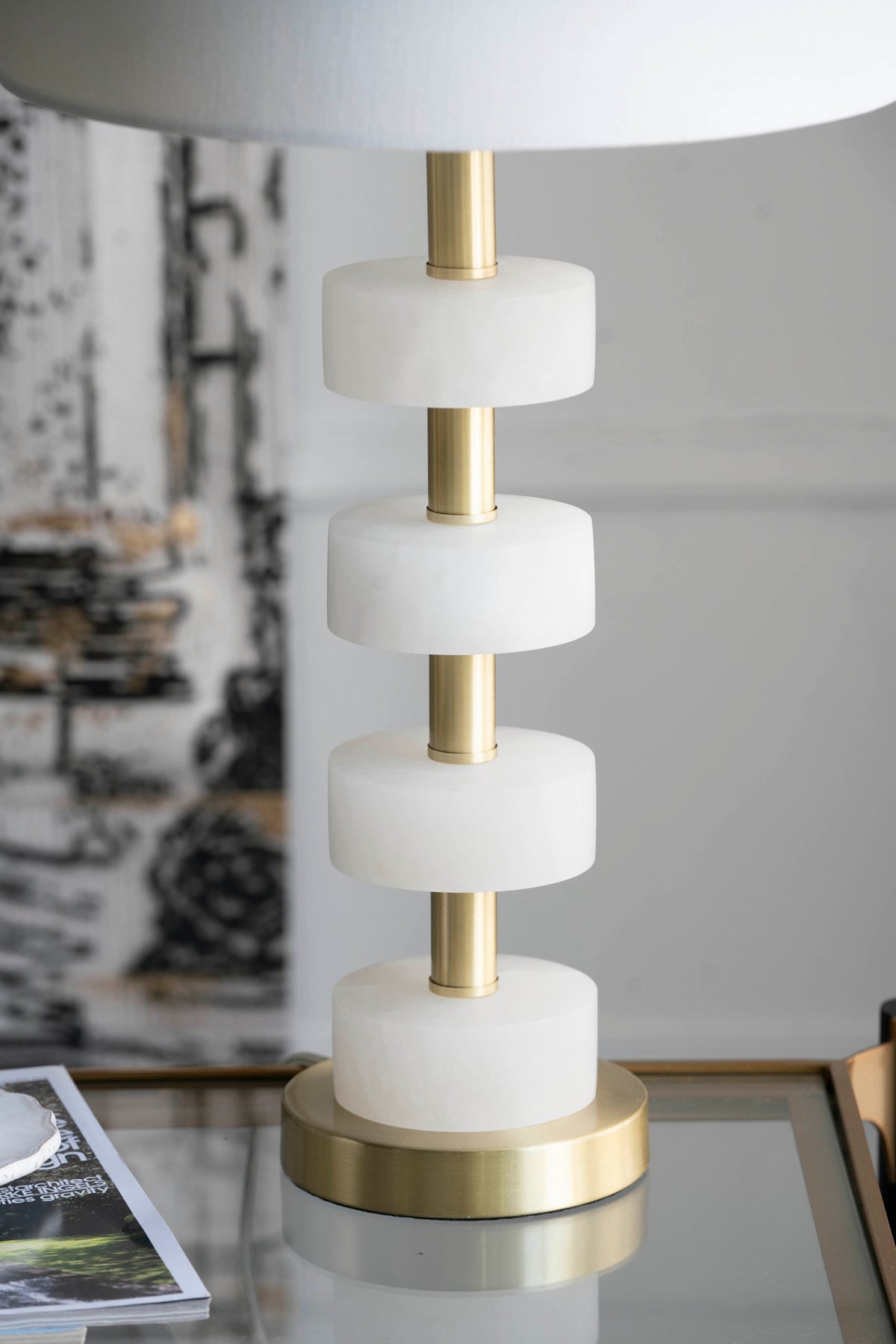 Marble Table Lamp with Brass Frame and White Fabric Shade - White + Gold