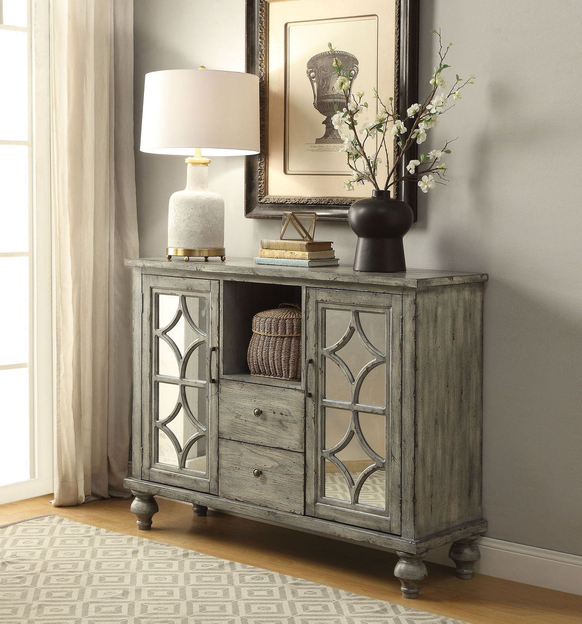 Weathered Gray Console Table with Open Compartment Storage - Velika