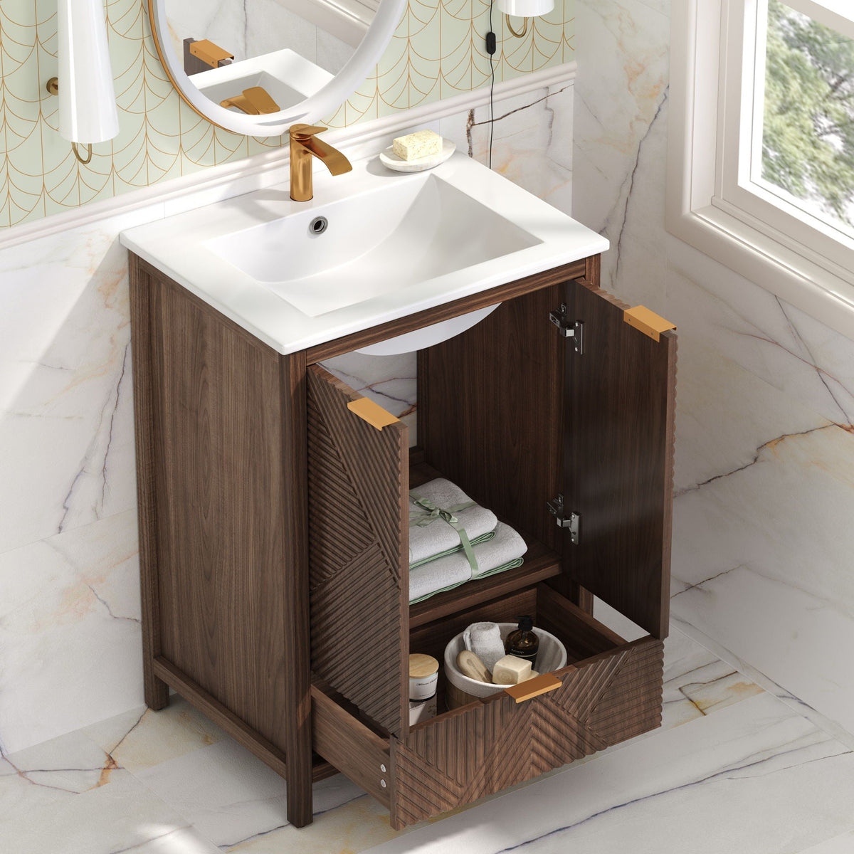 Modern Bathroom Vanity with Sink Combo – Compact Storage - Dark Brown or White