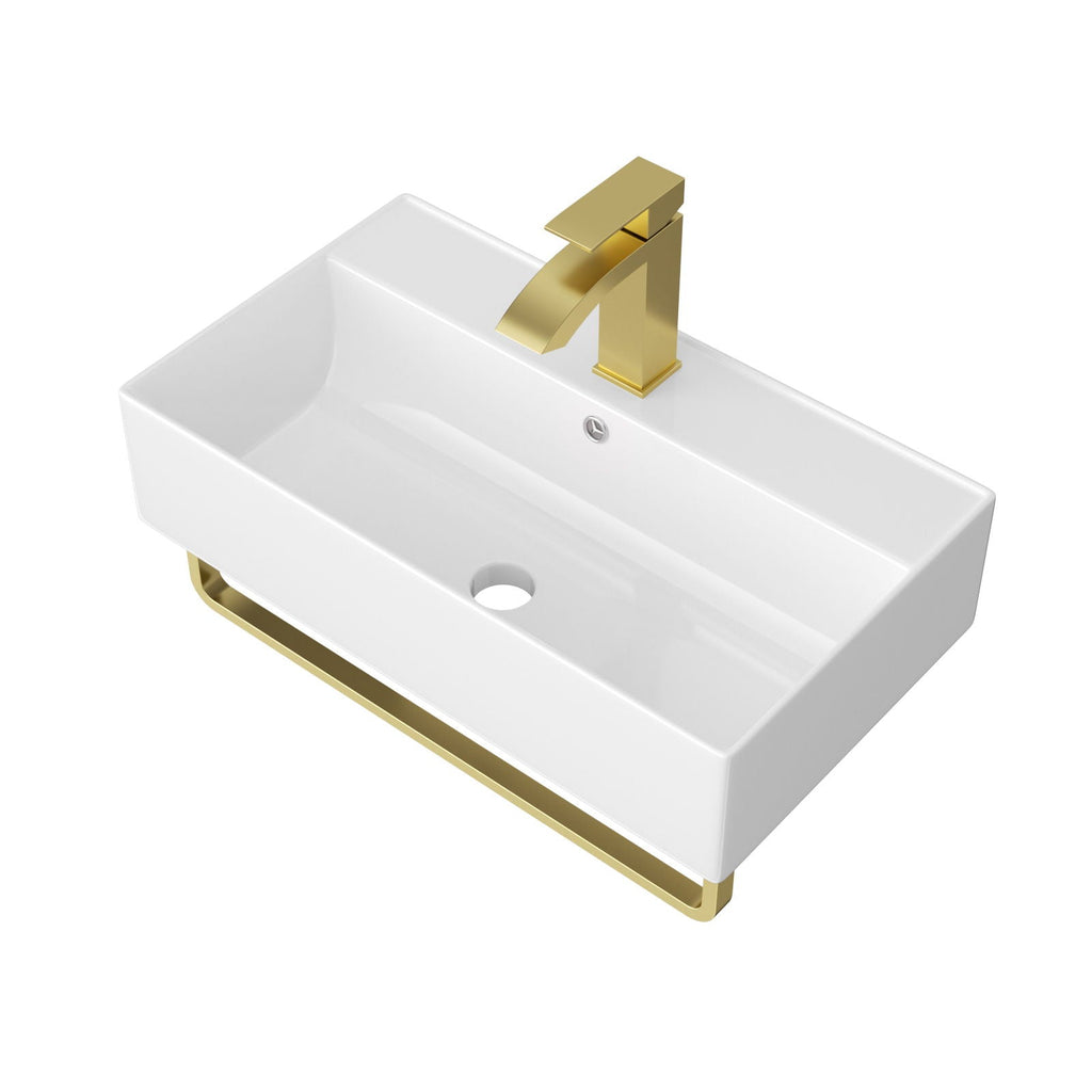 Wall Mounted Rectangular Bathroom Sink with Towel Bar - Black or Gold