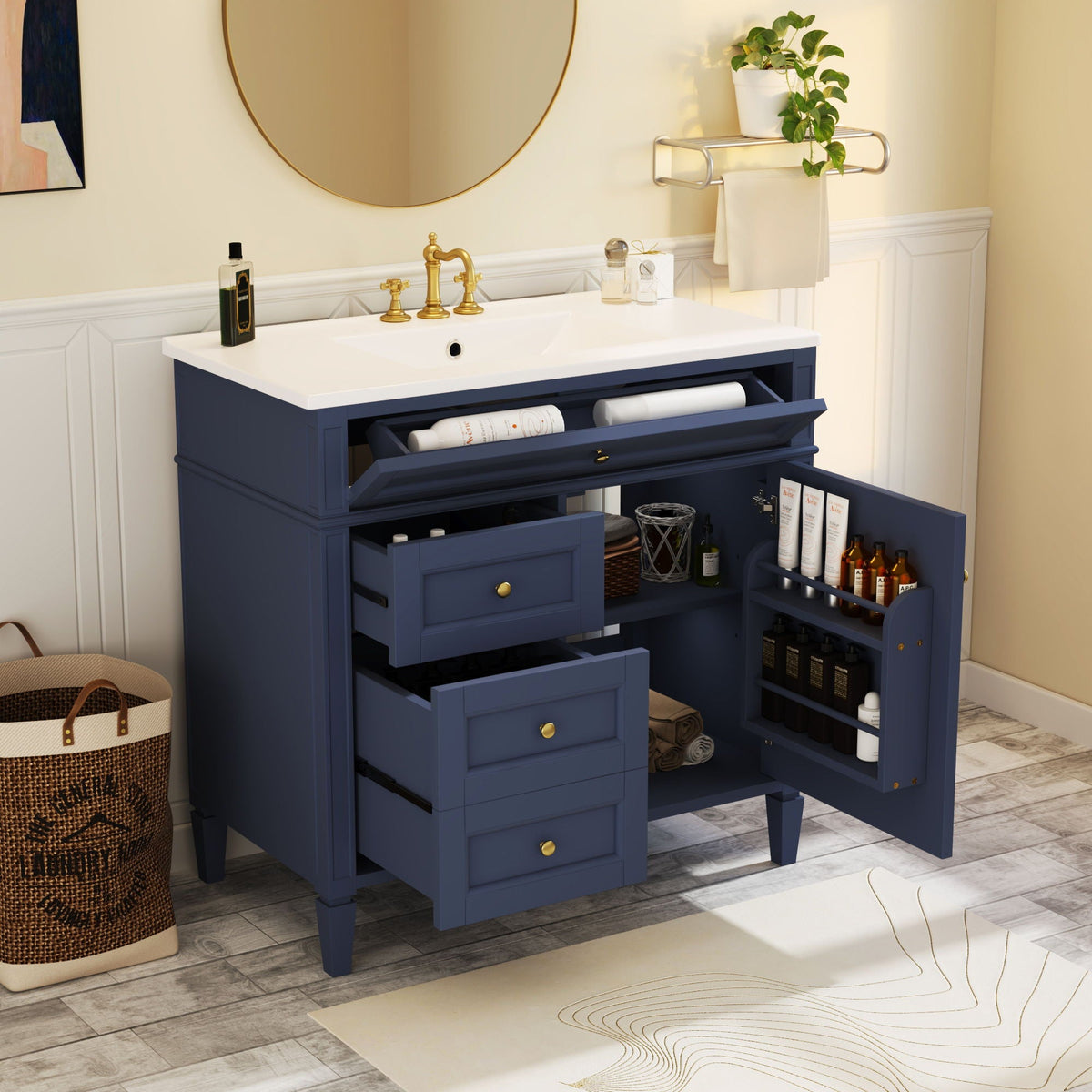Blue Bathroom Vanity with Top Sink and Ample Storage - 36" Wide
