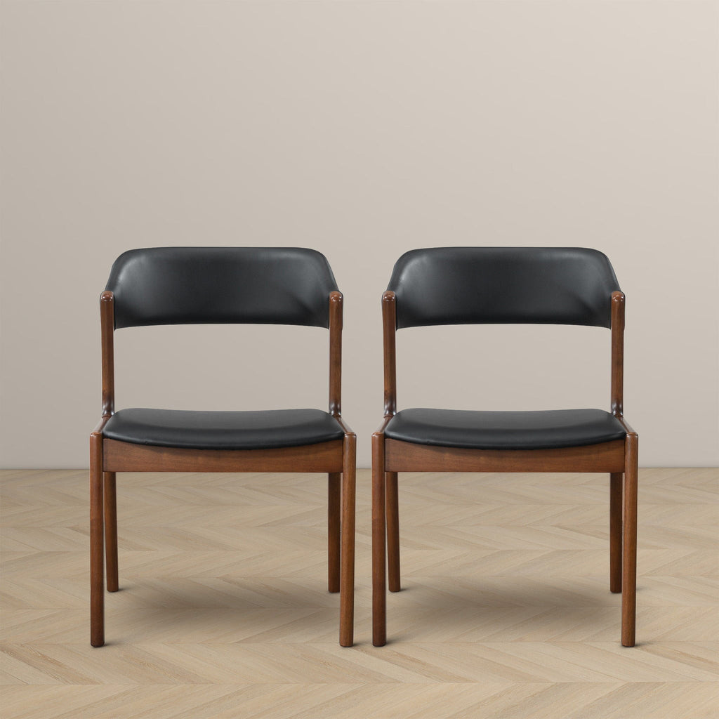 Enzo Dining Chair Set of 2 with Black Vegan Leather - Black / Brown