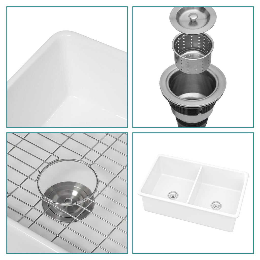 32" Dual Mount Ceramic Kitchen Sink with Double Bowl - White