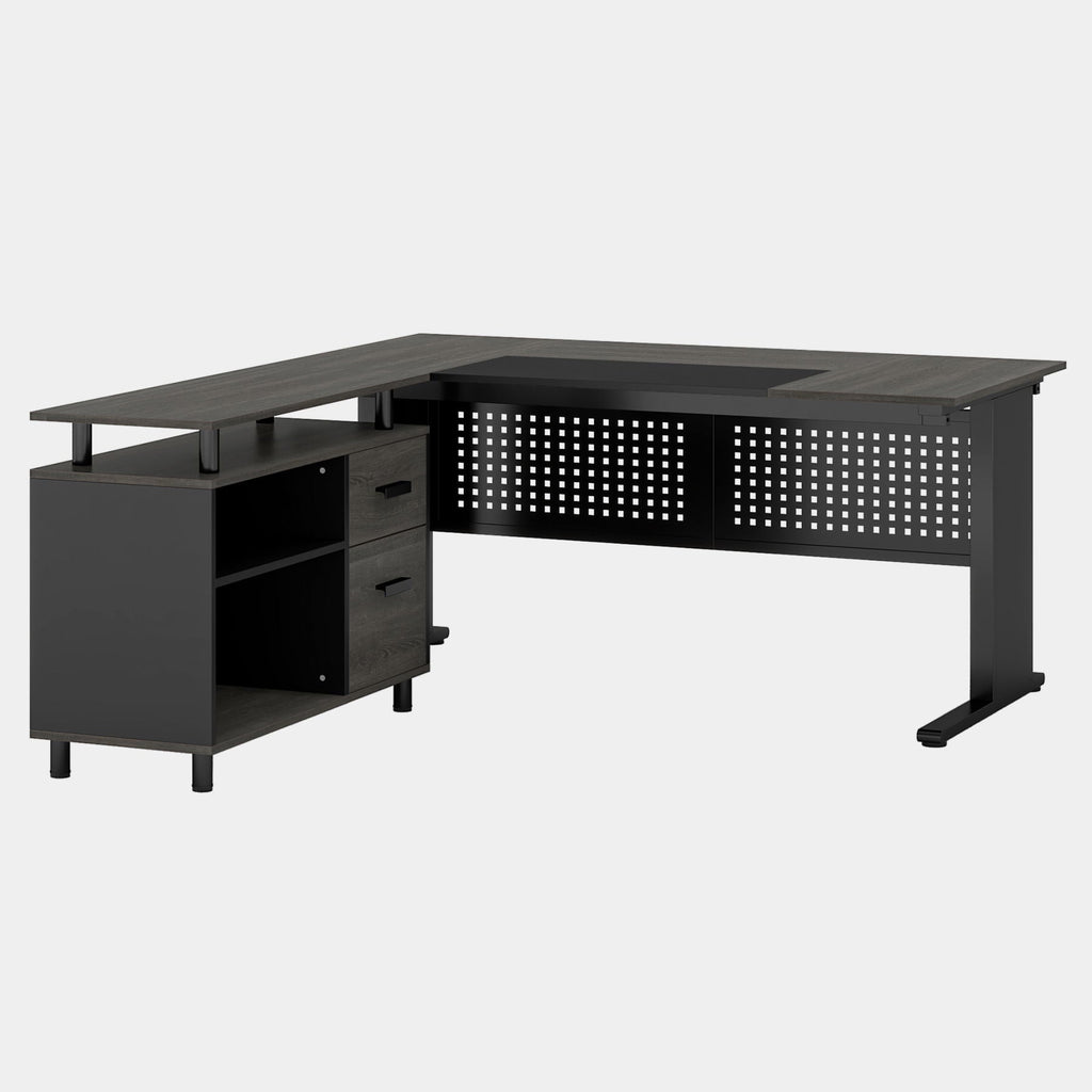 L-Shaped Executive Desk with File Cabinet and Storage Drawers - Light Brown or Dark Gray