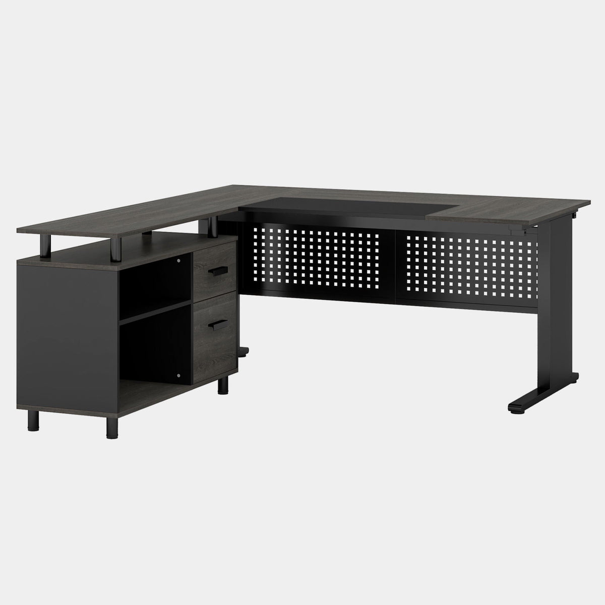 L-Shaped Executive Desk with File Cabinet and Storage Drawers - Light Brown or Dark Gray
