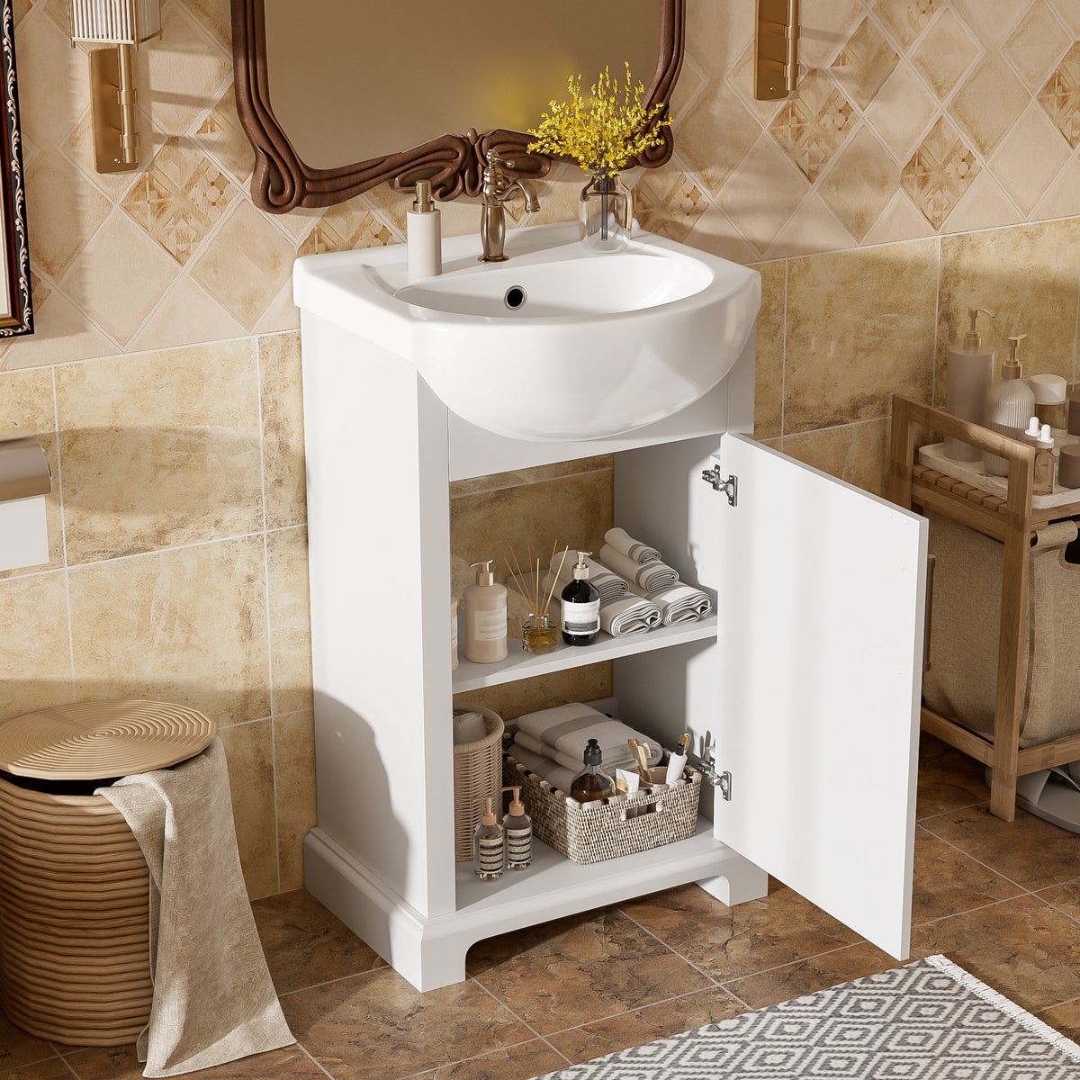 French Style 20-Inch Bathroom Vanity with Ceramic Sink - White
