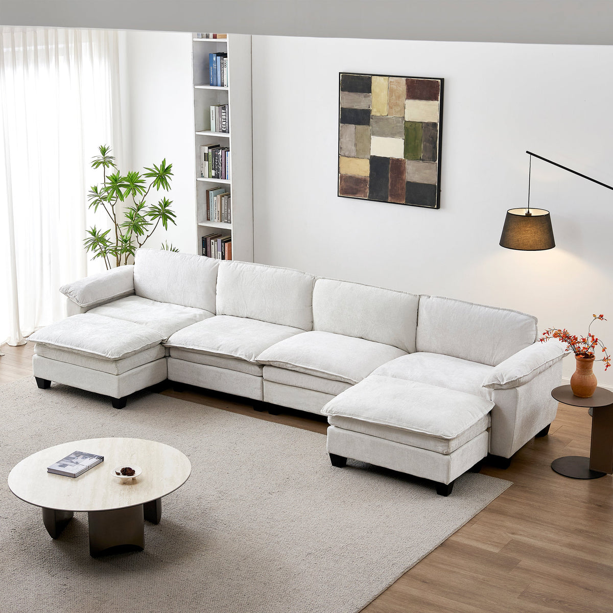Luxury Four-Seater U-Shape Sofa with Two Ottomans - Chenille