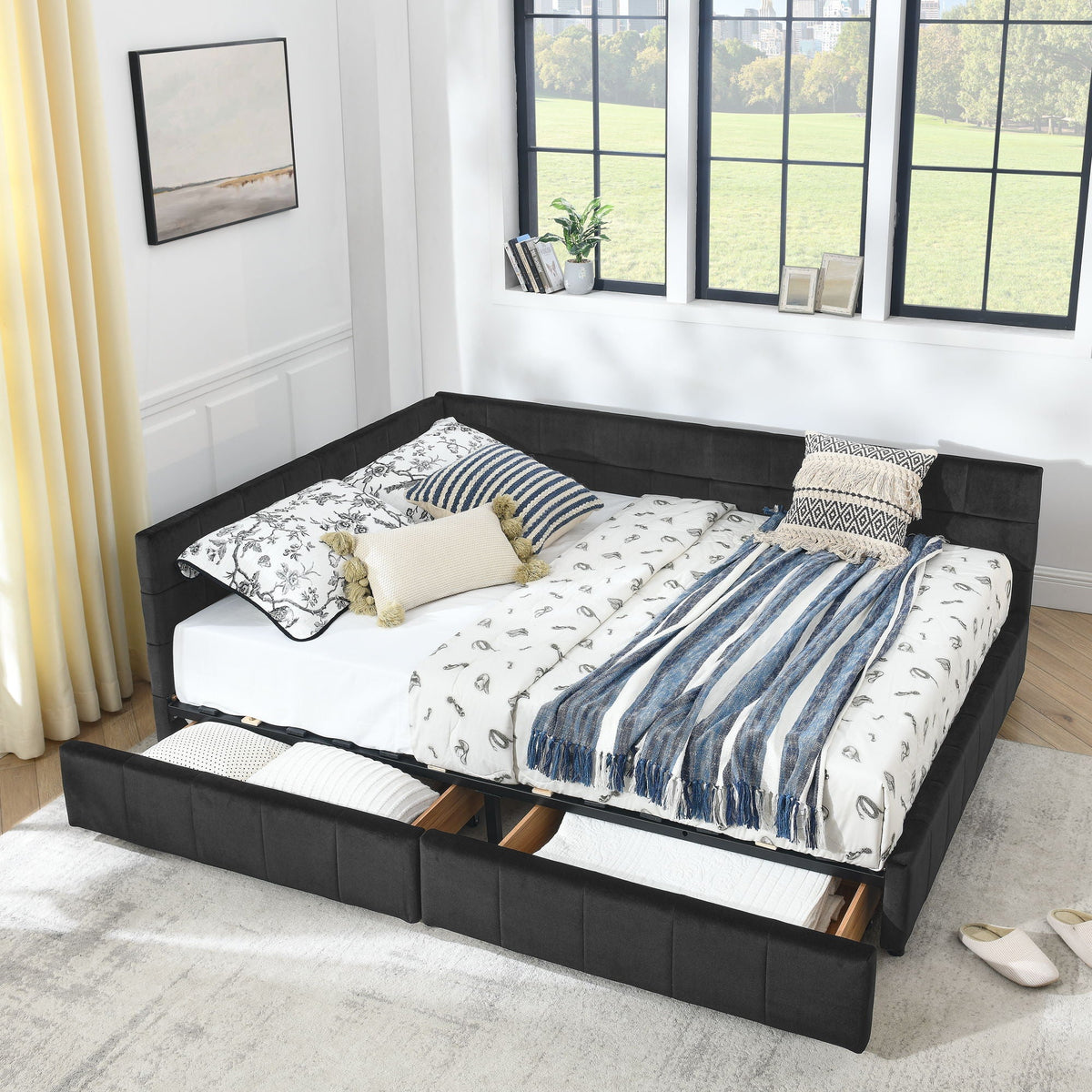 Mid-Century Storage Upholstered Tufted Bed Frame with Backrest and Armrests - Multiple Colors