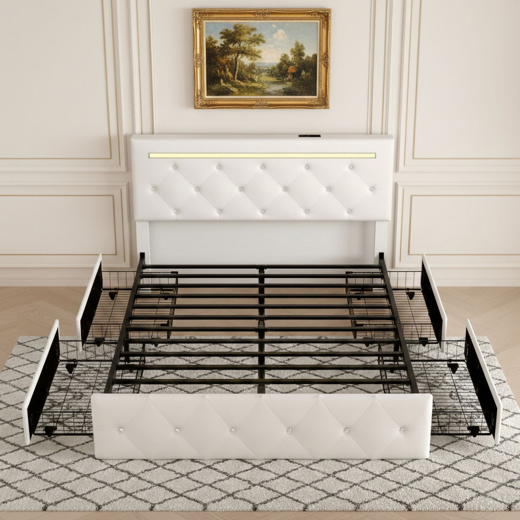 Upholstered Storage Bed Frame with LED Lights and Drawers – White or Black