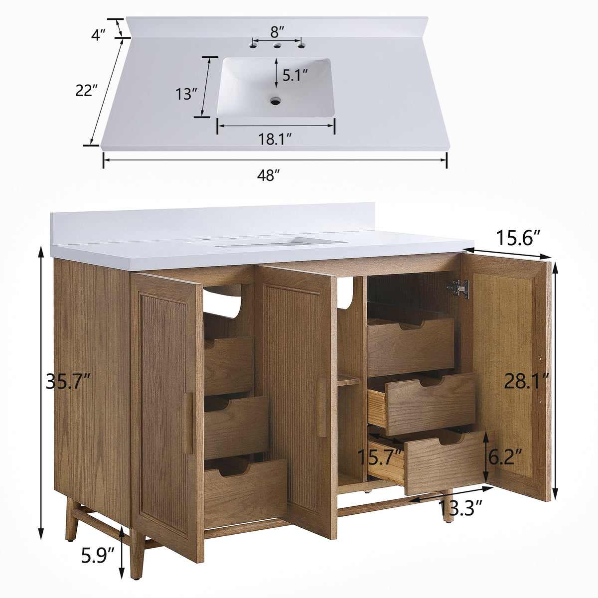 48" Freestanding Single Sink Bathroom Vanity with Solid Wood - Light Coffee