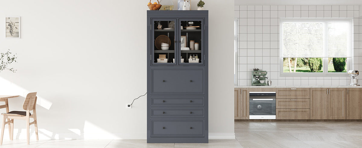 Freestanding Kitchen Pantry Cabinet with Power Outlet – Grey or White