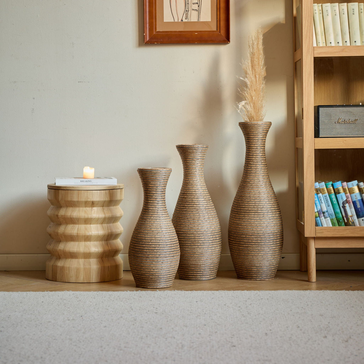 3 Piece Artificial Rattan Floor Vase Set with Modern Artistic Style - Beige