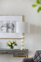 Marble Table Lamp with Brass Frame and White Fabric Shade - White + Gold
