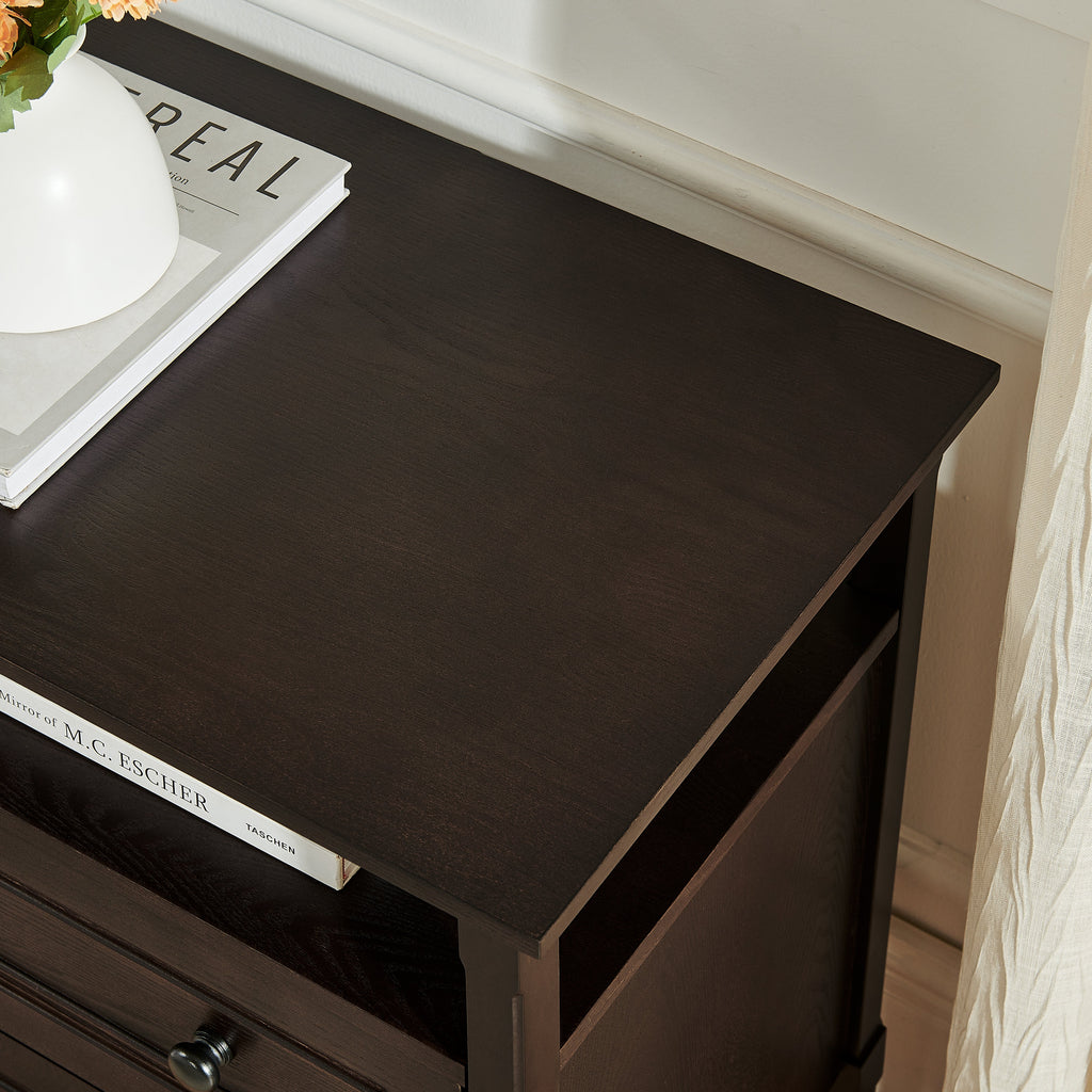 Wooden Bedside Nightstand with Open Cubby & 2 Storage Drawers