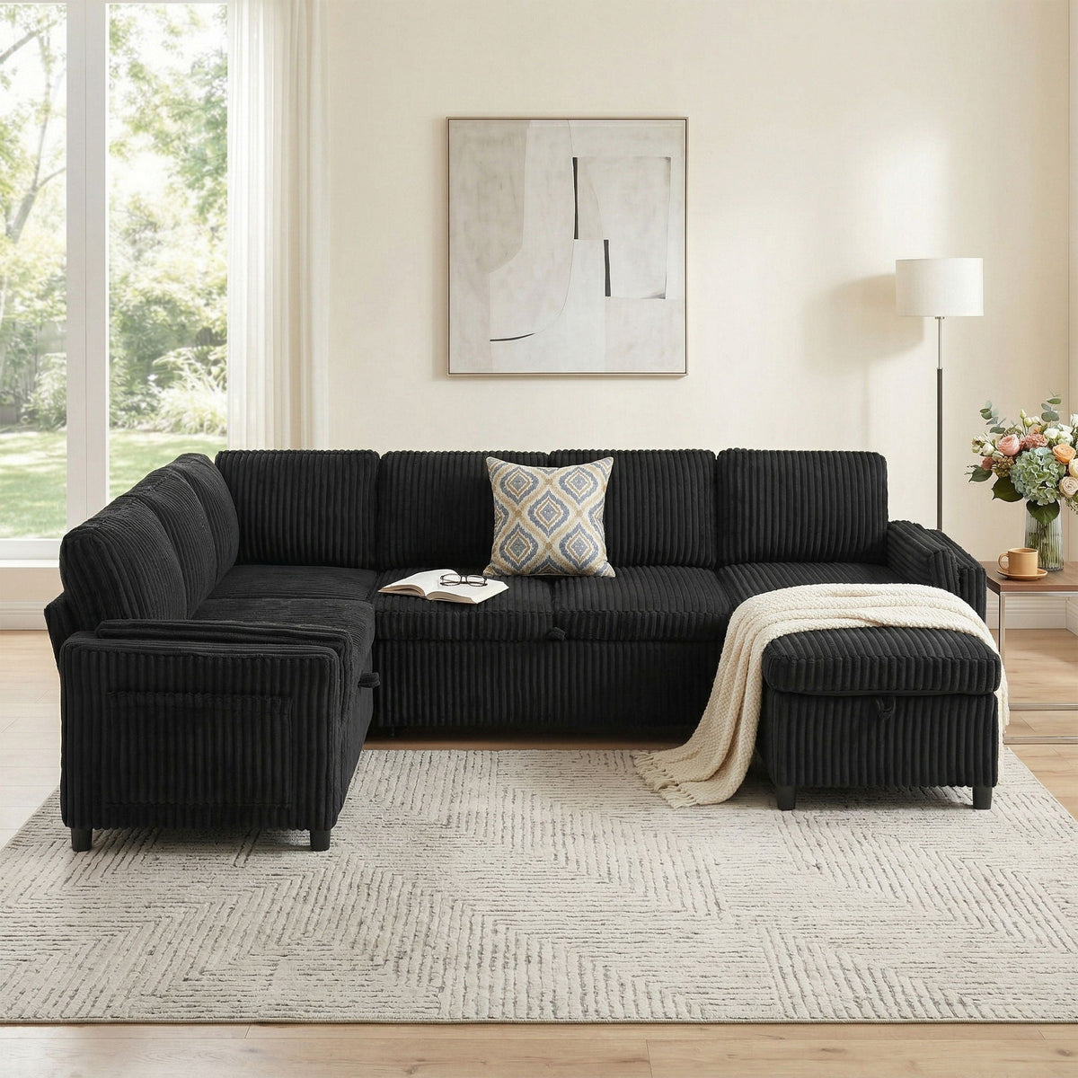 Convertible U-Shaped Sectional Sofa Bed with USB Ports and Storage – Black, Dark Gray, Blue